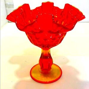 Vintage Fenton Amberina Thumbprint Red and Yellow Glass Compote/Candy Dish